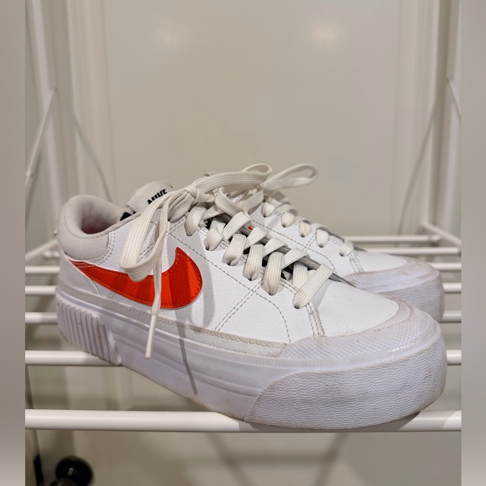 Nike Court Legacy Lift White Sneakers with Vibrant Orange Swoosh and Leopard